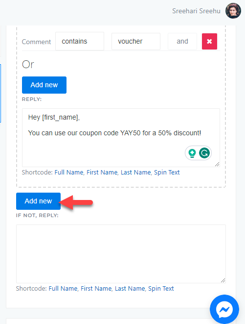 add new condition - use facebook auto reply tool