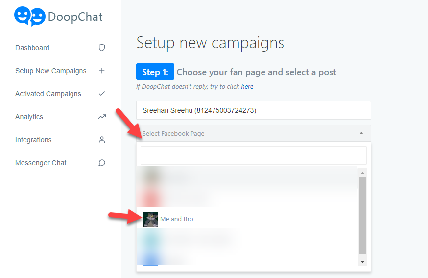 select facebook page - use facebook auto reply tool