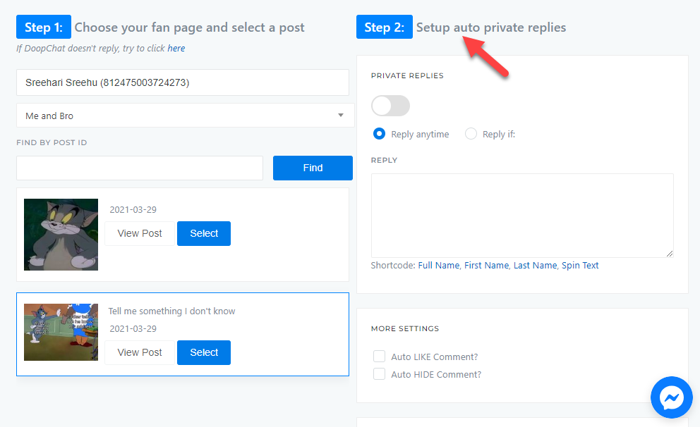 set up auto private replies - use facebook auto reply tool